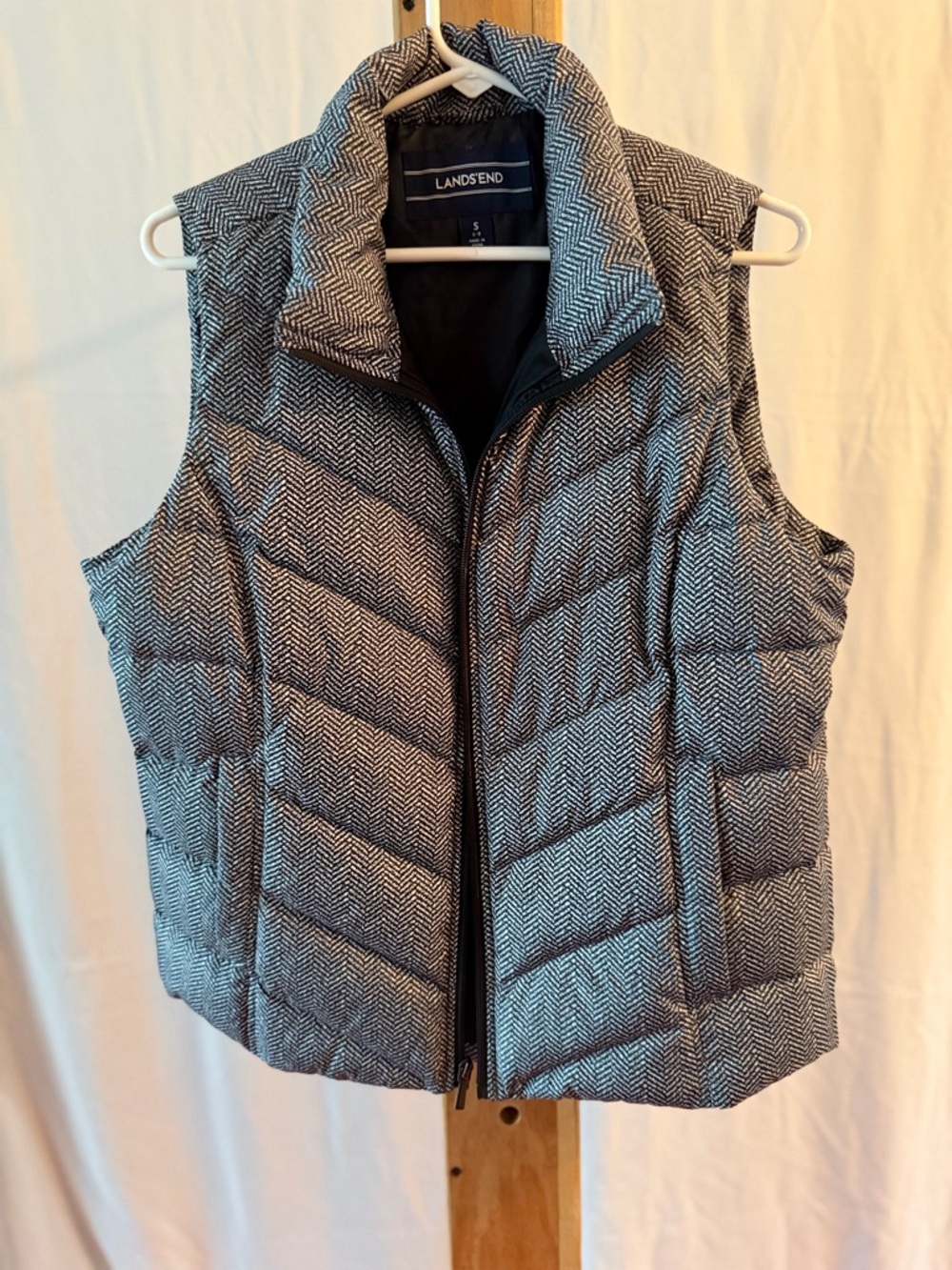 Lands' End Women's Black & White Herringbone Quilted Puffer Vest